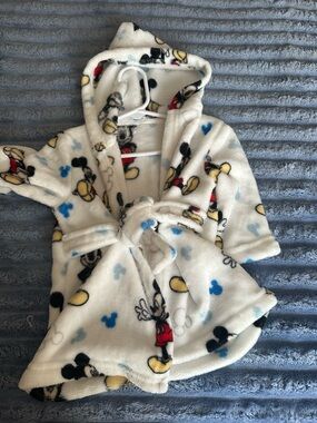 Disney Toddler Bath Robe in White with Black, Yellow, Red and Blue Mickey Print